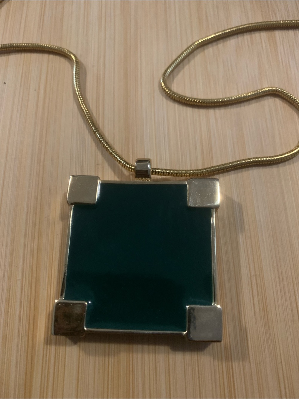 Vintage Don Lin Gold Plated Necklace with Forest Green Square Pendant